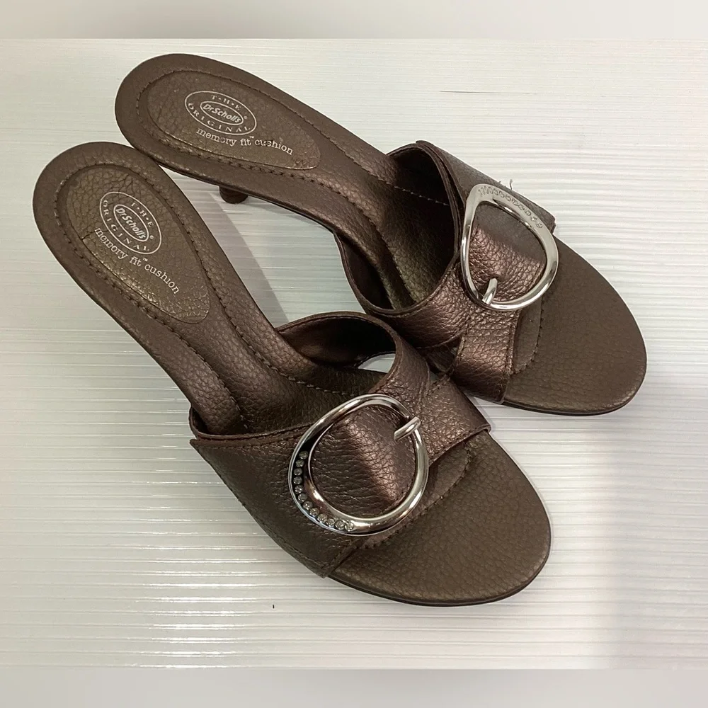 Dr. Scholl’s Leather Woman’s Sandals Slip on Shoes Size 8M Color Bronze Heel 2” - Picture 3 of 12